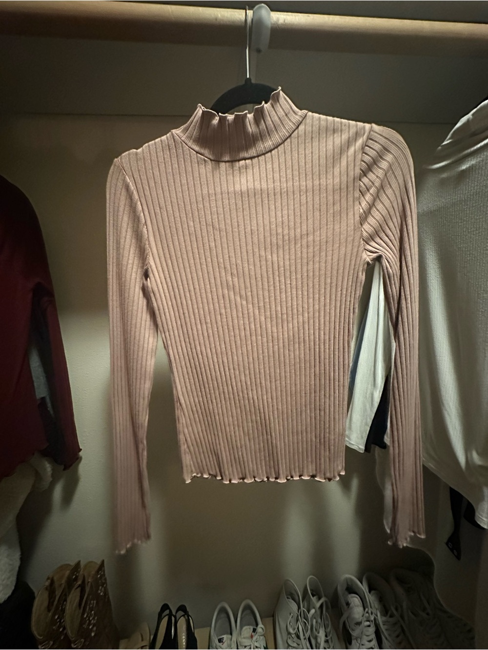 SO Ribbed Lettuce-Edge Mock Neck Top - Blush Pink